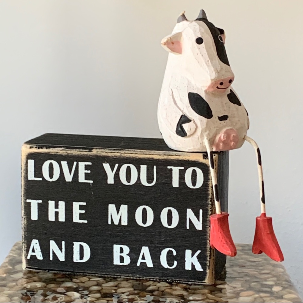 Vintage Hand Whittled Resting Cow on a Wood Box